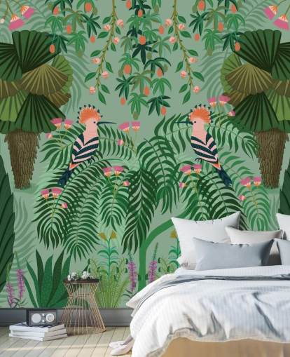 aanpasbare groene en roze tropische behangmuurschildering genaamd Tropical Gardens van Kate Merritt aanpasbare groene en roze tropische behangmuurschildering genaamd Tropical Gardens van Kate Merritt