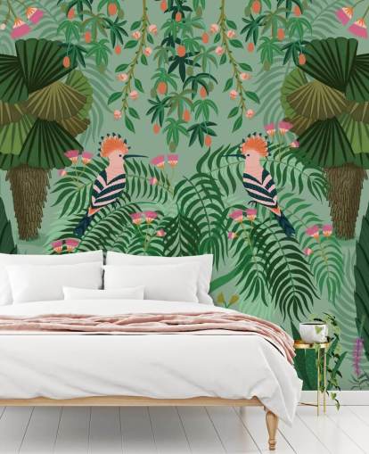 tilpassbart grønt og rosa tropisk tapet veggmaleri kalt Tropical Gardens av Kate Merritt tilpassbart grønt og rosa tropisk tapet veggmaleri kalt Tropical Gardens av Kate Merritt