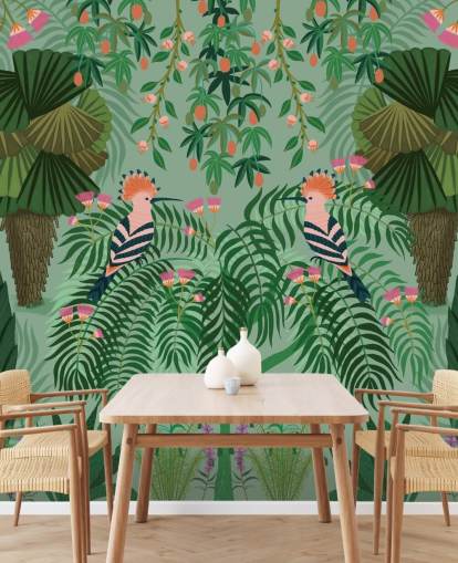 tilpassbart grønt og rosa tropisk tapet veggmaleri kalt Tropical Gardens av Kate Merritt