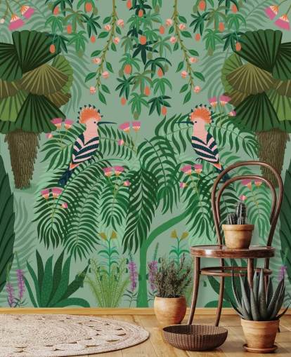 carta da parati tropicale verde e rosa personalizzabile chiamata Tropical Gardens di Kate Merritt