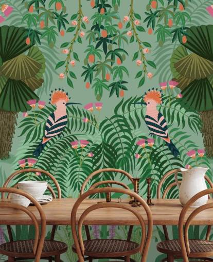 anpassningsbar grön och rosa tropisk tapet väggmålning kallad Tropical Gardens av Kate Merritt