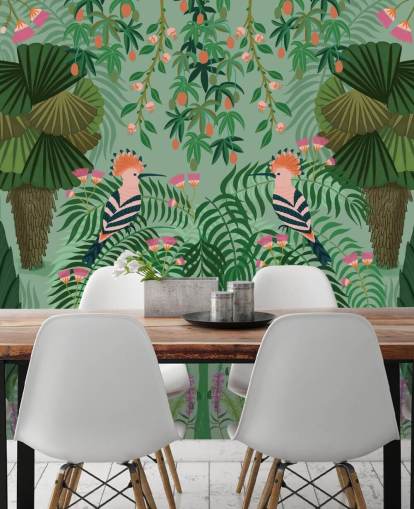 anpassningsbar grön och rosa tropisk tapet väggmålning kallad Tropical Gardens av Kate Merritt