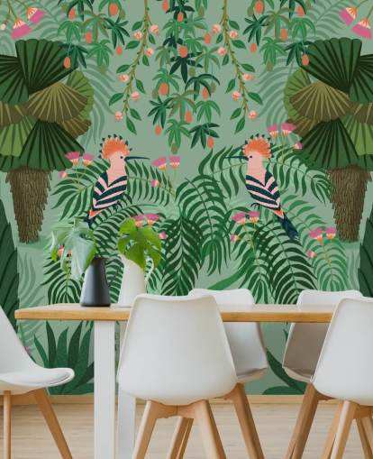 carta da parati tropicale verde e rosa personalizzabile chiamata Tropical Gardens di Kate Merritt