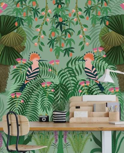 papier peint mural tropical vert et rose personnalisable appelé Tropical Gardens par Kate Merritt