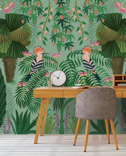 papier peint mural tropical vert et rose personnalisable appelé Tropical Gardens par Kate Merritt