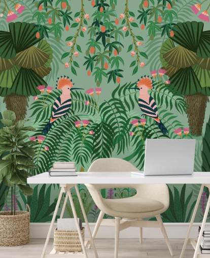 anpassningsbar grön och rosa tropisk tapet väggmålning kallad Tropical Gardens av Kate Merritt