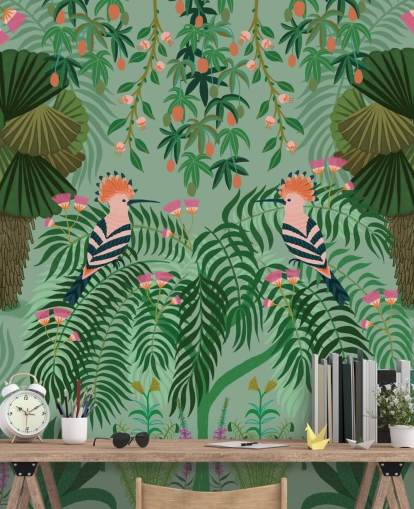 tilpassbart grønt og rosa tropisk tapet veggmaleri kalt Tropical Gardens av Kate Merritt tilpassbart grønt og rosa tropisk tapet veggmaleri kalt Tropical Gardens av Kate Merritt