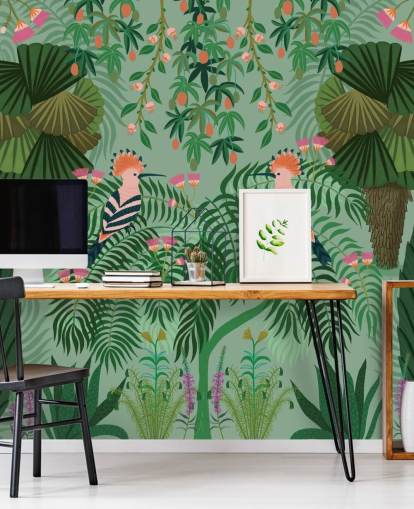 mural de papel de parede tropical verde e rosa personalizável chamado Tropical Gardens de Kate Merritt mural de papel de parede tropical verde e rosa personalizável chamado Tropical Gardens de Kate Merritt