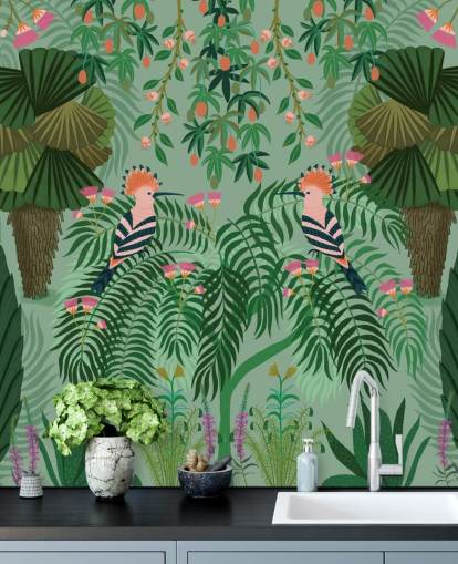 customisable green and pink tropical wallpaper mural called Tropical Gardens by Kate Merritt customisable green and pink tropical wallpaper mural called Tropical Gardens by Kate Merritt