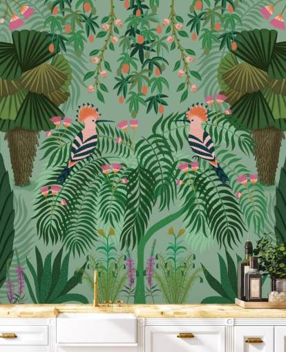 muokattava vihreä ja vaaleanpunainen trooppinen taustakuvamaalaus nimeltä Tropical Gardens, kirjoittanut Kate Merritt