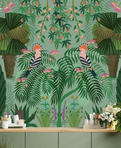 tilpasselig grøn og lyserød tropisk tapet vægmaleri kaldet Tropical Gardens af Kate Merritt