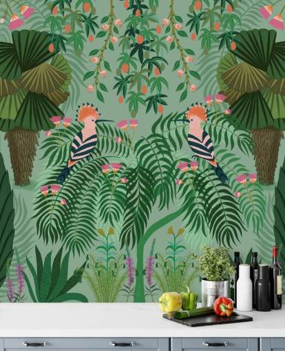 papier peint mural tropical vert et rose personnalisable appelé Tropical Gardens par Kate Merritt papier peint mural tropical vert et rose personnalisable appelé Tropical Gardens par Kate Merritt