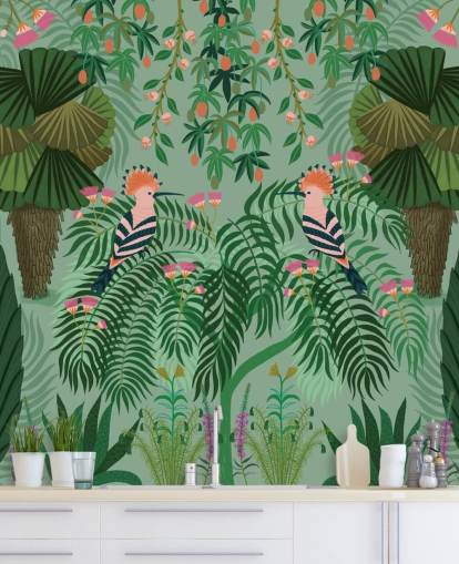 mural de papel pintado tropical verde y rosa personalizable llamado Tropical Gardens de Kate Merritt