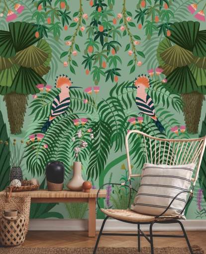 tilpassbart grønt og rosa tropisk tapet veggmaleri kalt Tropical Gardens av Kate Merritt