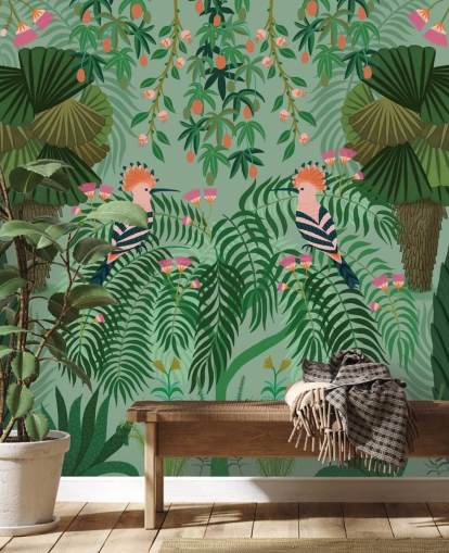 anpassningsbar grön och rosa tropisk tapet väggmålning kallad Tropical Gardens av Kate Merritt anpassningsbar grön och rosa tropisk tapet väggmålning kallad Tropical Gardens av Kate Merritt