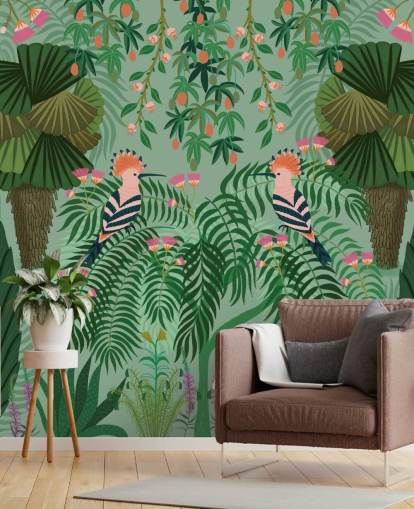 tilpassbart grønt og rosa tropisk tapet veggmaleri kalt Tropical Gardens av Kate Merritt