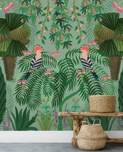 customisable green and pink tropical wallpaper mural called Tropical Gardens by Kate Merritt