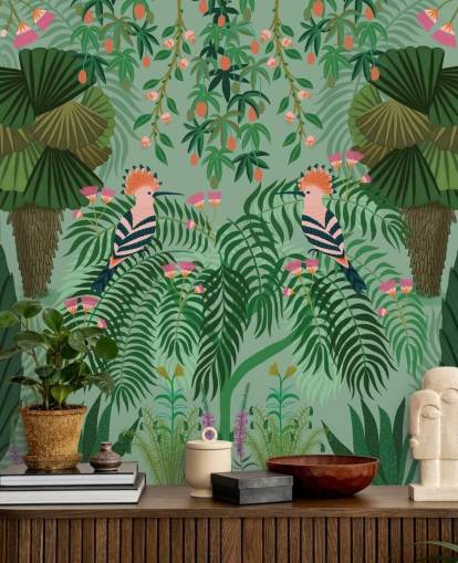anpassningsbar grön och rosa tropisk tapet väggmålning kallad Tropical Gardens av Kate Merritt