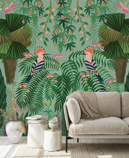 aanpasbare groene en roze tropische behangmuurschildering genaamd Tropical Gardens van Kate Merritt aanpasbare groene en roze tropische behangmuurschildering genaamd Tropical Gardens van Kate Merritt