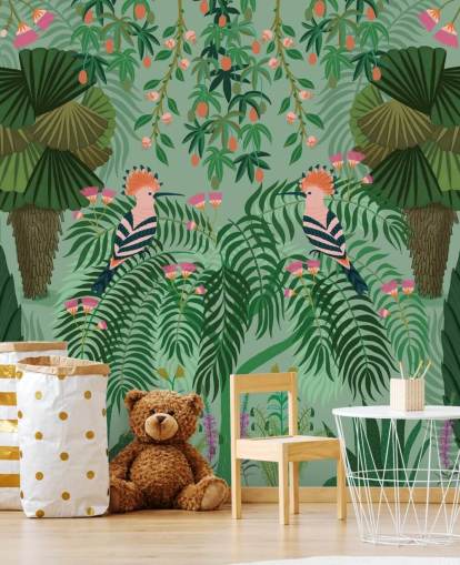 aanpasbare groene en roze tropische behangmuurschildering genaamd Tropical Gardens van Kate Merritt aanpasbare groene en roze tropische behangmuurschildering genaamd Tropical Gardens van Kate Merritt