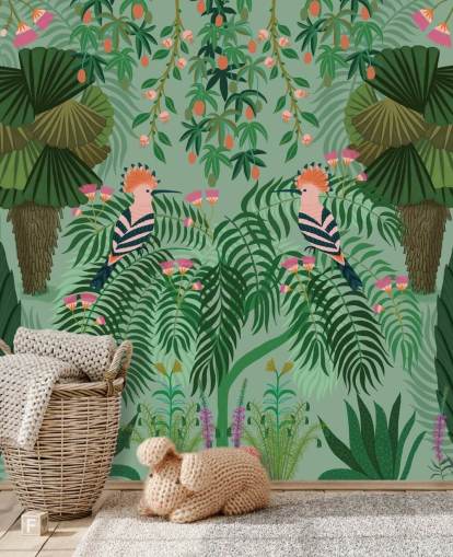 mural de papel pintado tropical verde y rosa personalizable llamado Tropical Gardens de Kate Merritt mural de papel pintado tropical verde y rosa personalizable llamado Tropical Gardens de Kate Merritt