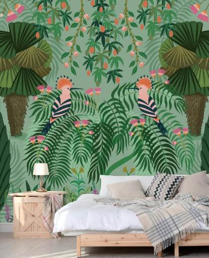 mural de papel pintado tropical verde y rosa personalizable llamado Tropical Gardens de Kate Merritt