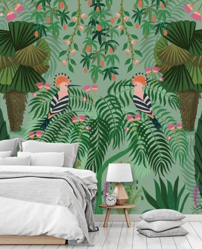 customisable green and pink tropical wallpaper mural called Tropical Gardens by Kate Merritt