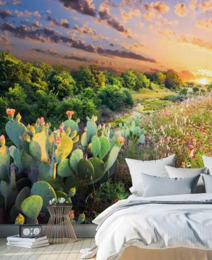 Papier peint cactus et fleurs sauvages au coucher du soleil