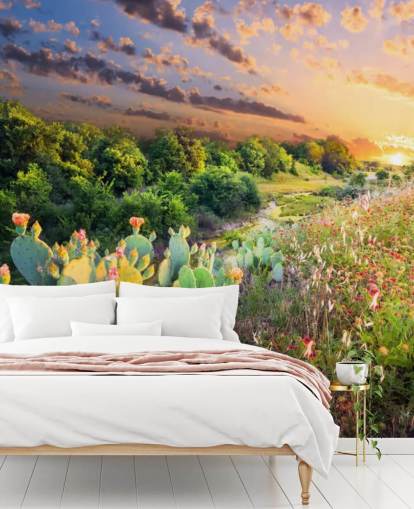 Papier peint cactus et fleurs sauvages au coucher du soleil