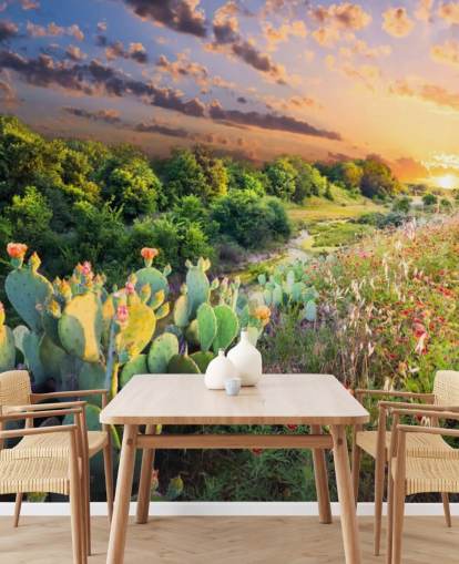 Cactus and Wildflowers at Sunset Wallpaper Mural