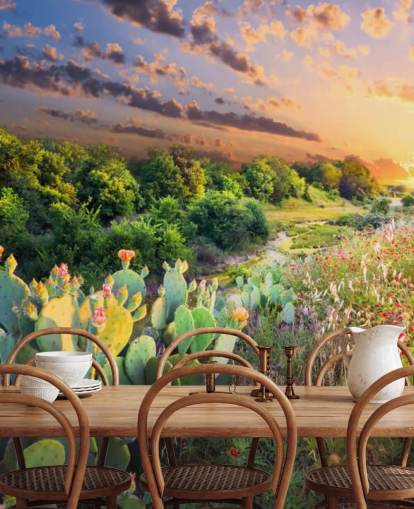 Cactus and Wildflowers at Sunset Wallpaper Mural