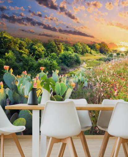 Cactus and Wildflowers at Sunset Wallpaper Mural