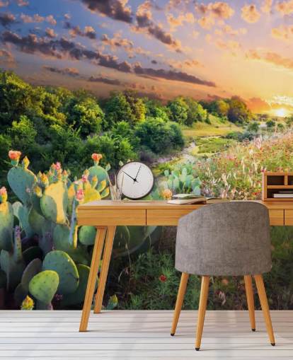 Cactus and Wildflowers at Sunset Wallpaper Mural Cactus and Wildflowers at Sunset Wallpaper Mural