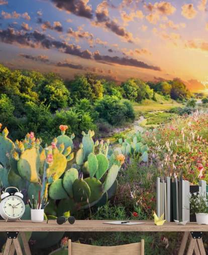 Papel pintado Cactus y flores silvestres al atardecer Papel pintado Cactus y flores silvestres al atardecer