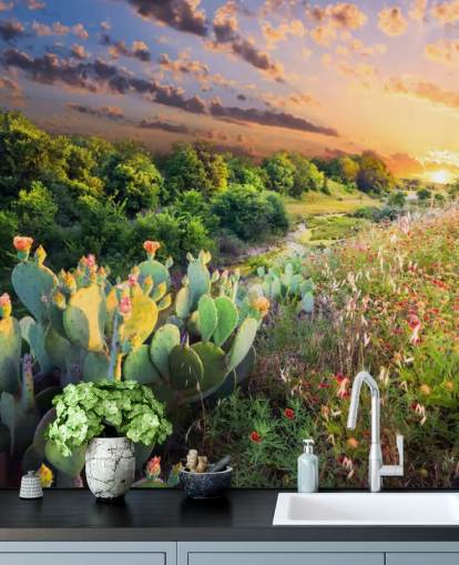Papel pintado Cactus y flores silvestres al atardecer
