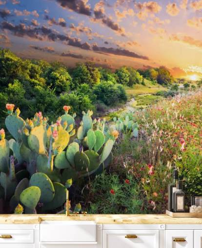 Tapeten-Wandbild „Kakteen und Wildblumen bei Sonnenuntergang“ Tapeten-Wandbild „Kakteen und Wildblumen bei Sonnenuntergang“
