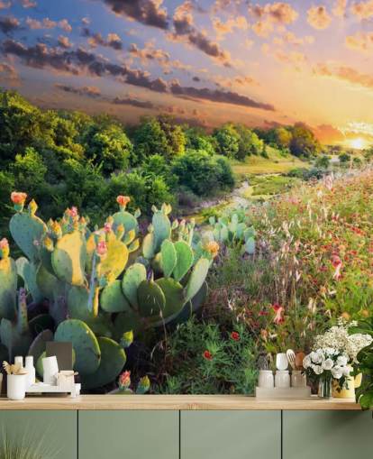 Cactus and Wildflowers at Sunset Wallpaper Mural Cactus and Wildflowers at Sunset Wallpaper Mural