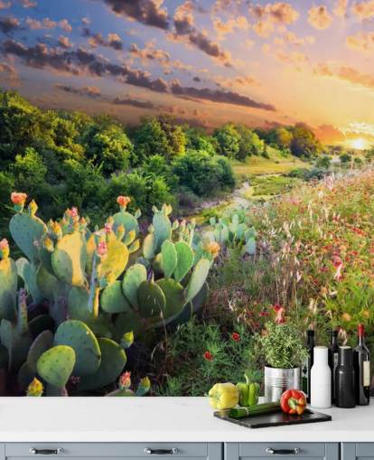 Kaktus og vilde blomster ved solnedgang Wallpaper Mural Kaktus og vilde blomster ved solnedgang Wallpaper Mural