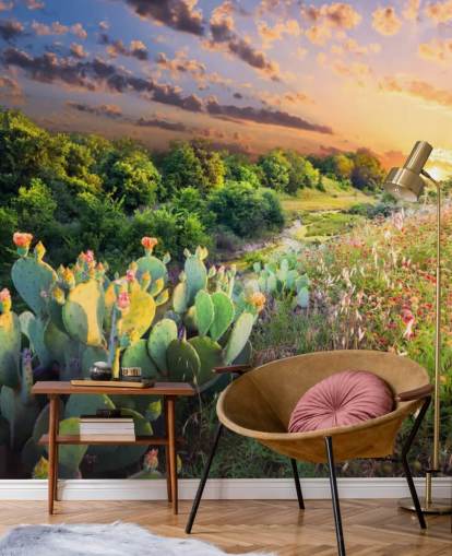 Cactus en wilde bloemen bij zonsondergang behang muurschildering Cactus en wilde bloemen bij zonsondergang behang muurschildering