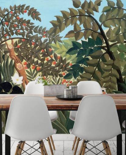 farbenfrohes Kunsttapeten-Wandbild namens Exotische Landschaft von Henri Rousseau farbenfrohes Kunsttapeten-Wandbild namens Exotische Landschaft von Henri Rousseau