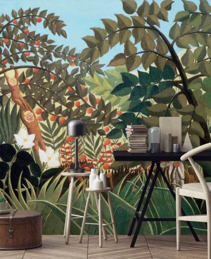 fargerikt kunsttapet veggmaleri kalt Exotic Landscape av Henri Rousseau