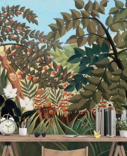 fargerikt kunsttapet veggmaleri kalt Exotic Landscape av Henri Rousseau fargerikt kunsttapet veggmaleri kalt Exotic Landscape av Henri Rousseau