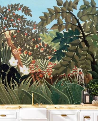 farbenfrohes Kunsttapeten-Wandbild namens Exotische Landschaft von Henri Rousseau farbenfrohes Kunsttapeten-Wandbild namens Exotische Landschaft von Henri Rousseau