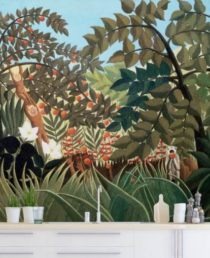 mural colorido de papel de parede de belas artes chamado Exotic Landscape de Henri Rousseau mural colorido de papel de parede de belas artes chamado Exotic Landscape de Henri Rousseau