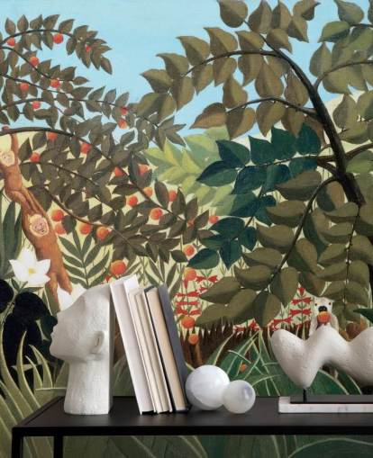 farverigt kunsttapet vægmaleri kaldet Eksotisk landskab af Henri Rousseau