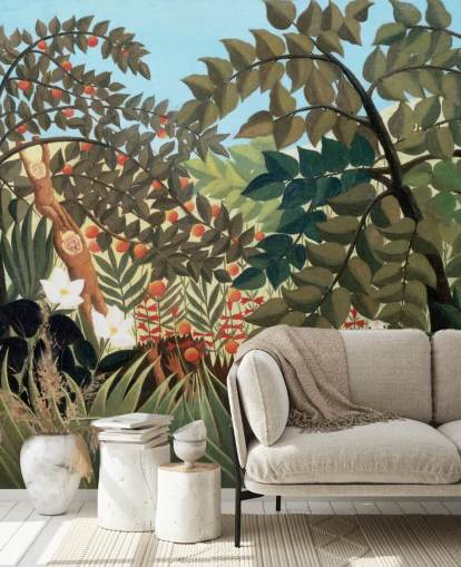 kleurrijke kunstbehangmuurschildering genaamd Exotic Landscape van Henri Rousseau kleurrijke kunstbehangmuurschildering genaamd Exotic Landscape van Henri Rousseau