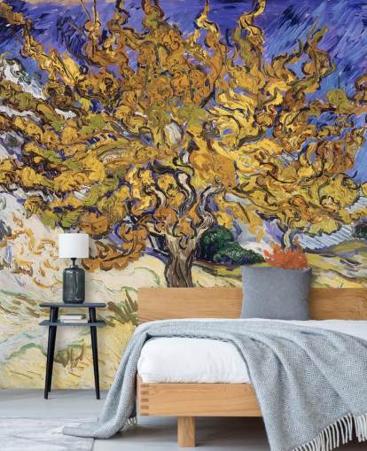mural de papel pintado de bellas artes azul y amarillo llamado Mulberry Tree de Vincent van Gogh