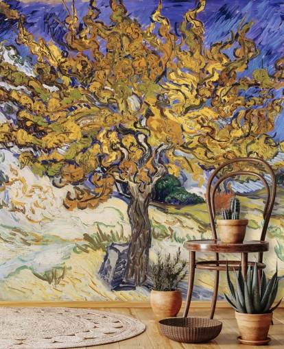 blue and yellow fine art wallpaper mural called Mulberry Tree by Vincent van Gogh blue and yellow fine art wallpaper mural called Mulberry Tree by Vincent van Gogh