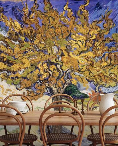 blauwe en gele kunstbehangmuurschildering genaamd Mulberry Tree van Vincent van Gogh
