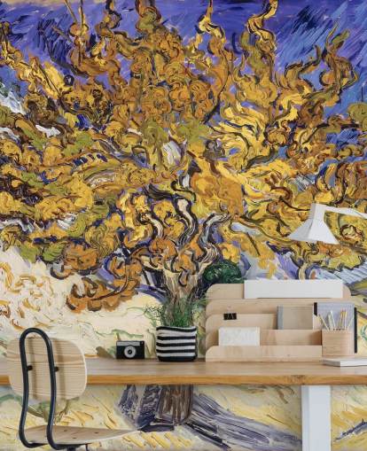 blue and yellow fine art wallpaper mural called Mulberry Tree by Vincent van Gogh